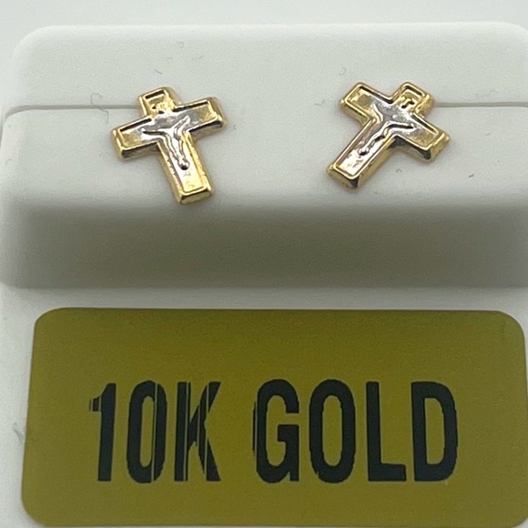 10k Solid Gold Diamond cut two tone cross earrings, REAL GOLD earrings unisex, - Picture 1 of 4